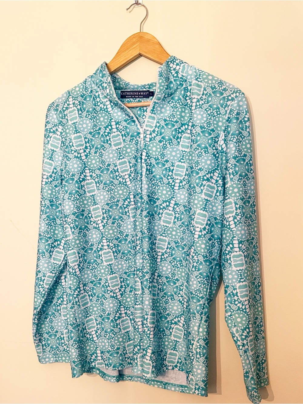 Katherine Way Teal and White Printed Quarter-Zip Long Sleeve Pullover